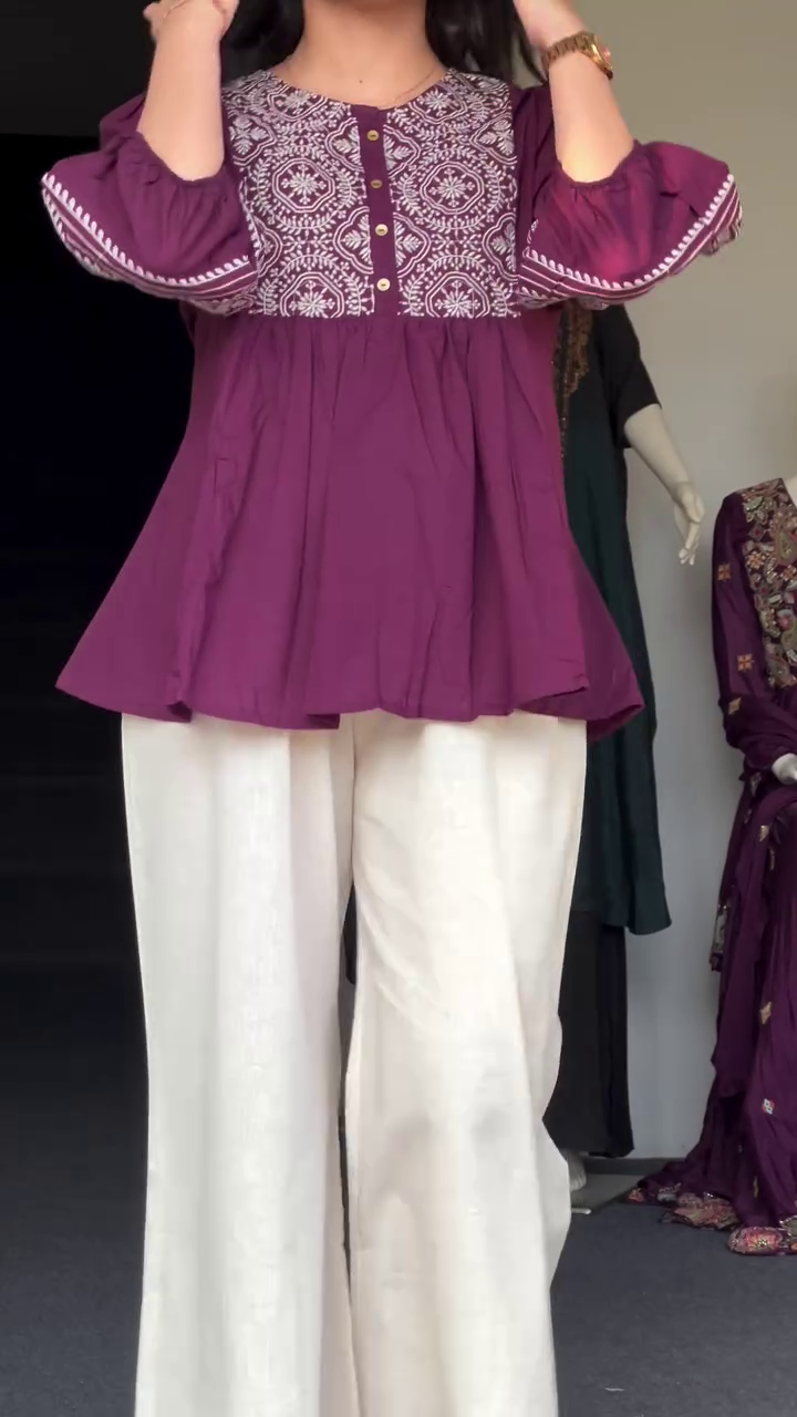 Elegant Purple Embroidered Kurti with Palazzo – Graceful Ethnic Fusion Style