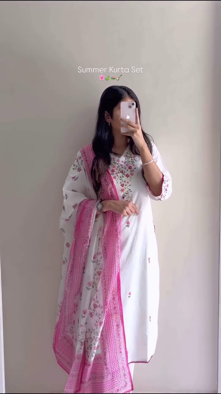 Graceful White & Pink Floral Summer Kurta Set