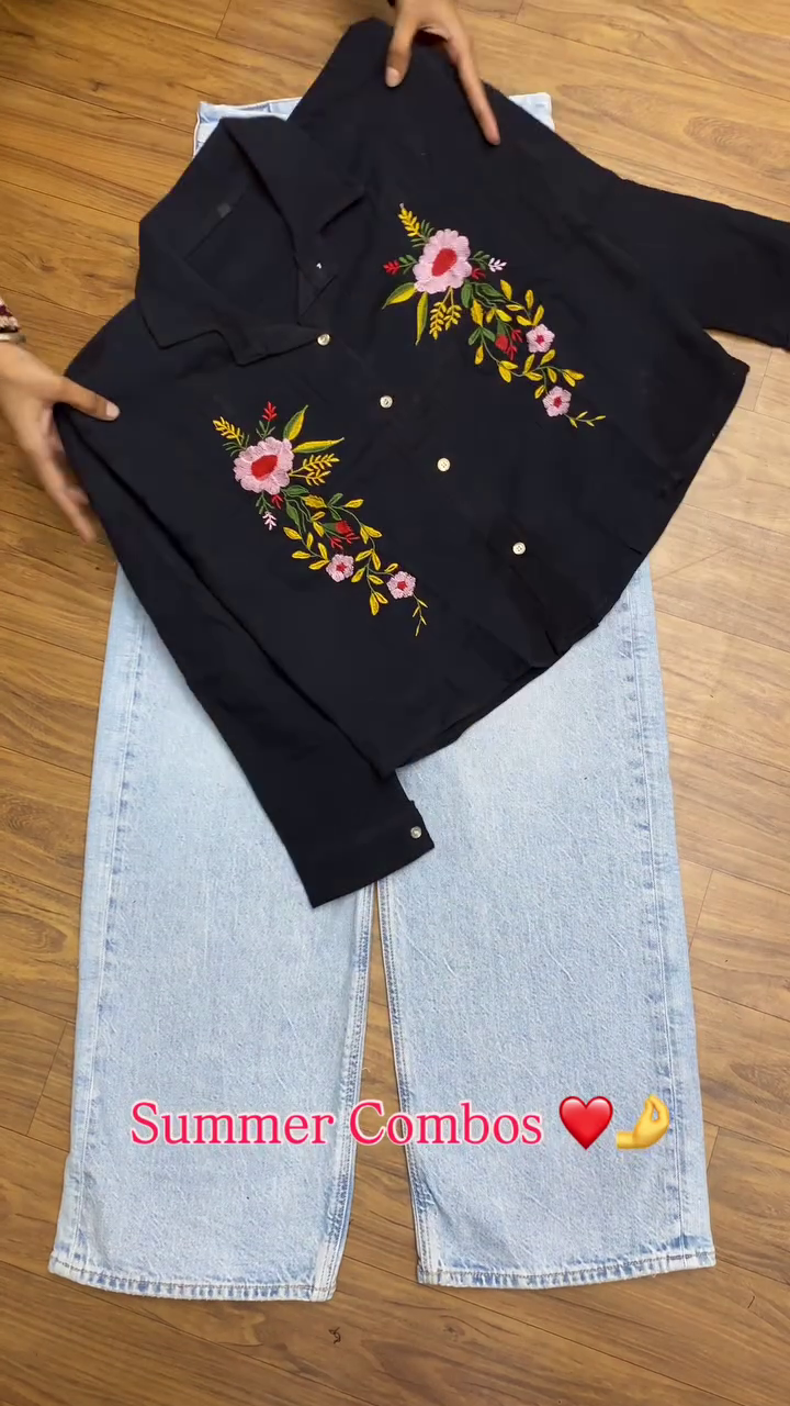 Trendy Pink Textured Top with Wide-Leg Denim