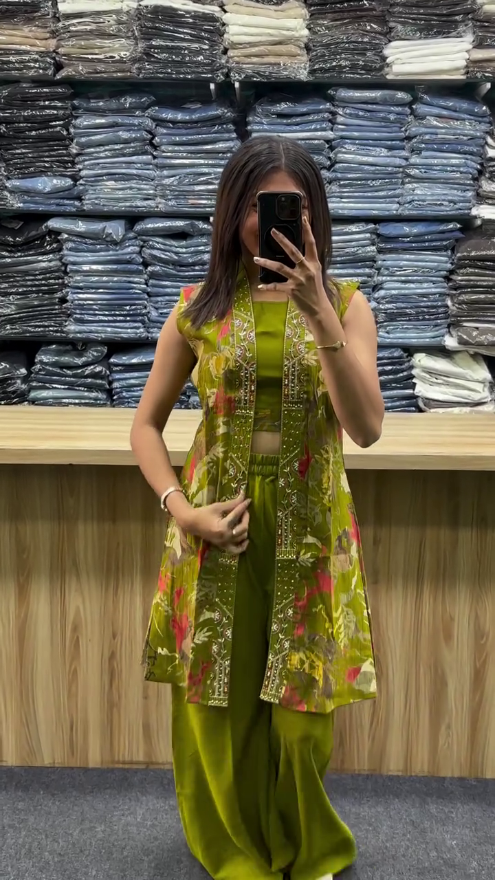 Elegant Teal Floral Co-Ord Set with Stylish Long Jacket