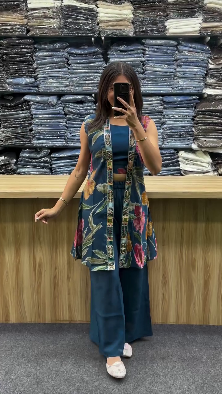 Elegant Teal Floral Co-Ord Set with Stylish Long Jacket