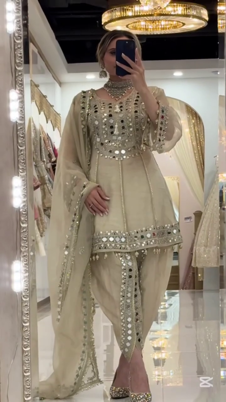 Luxurious Beige Mirror Work Traditional Suit with Elegant Dupatta
