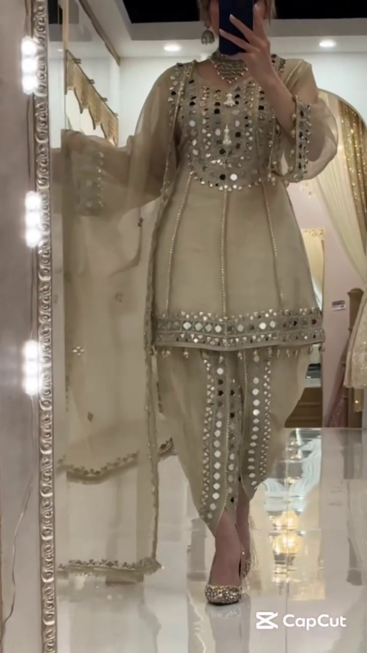 Luxurious Beige Mirror Work Traditional Suit with Elegant Dupatta