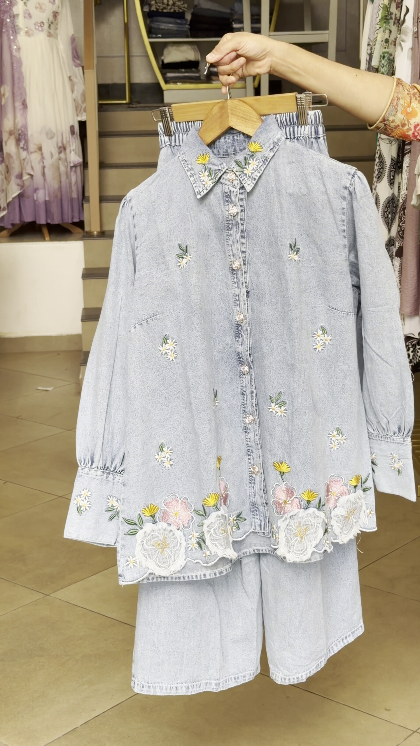 Denim Floral Embroidered Casual Co-Ord Outfit
