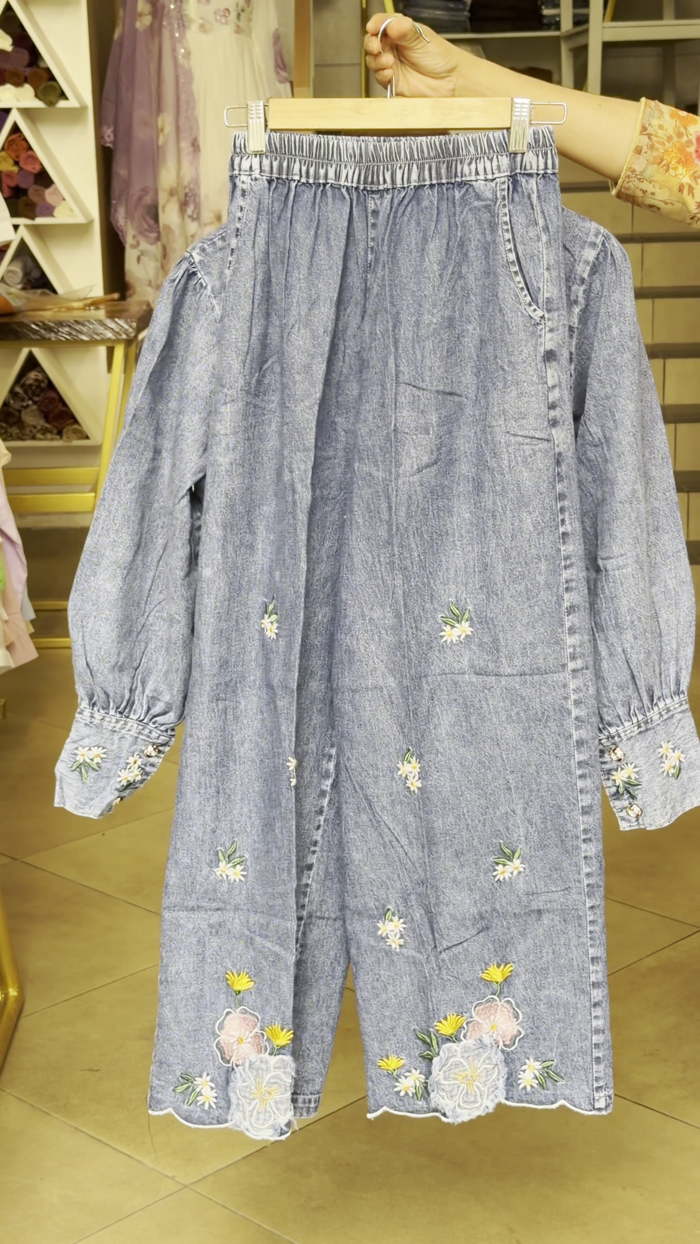 Denim Floral Embroidered Casual Co-Ord Outfit
