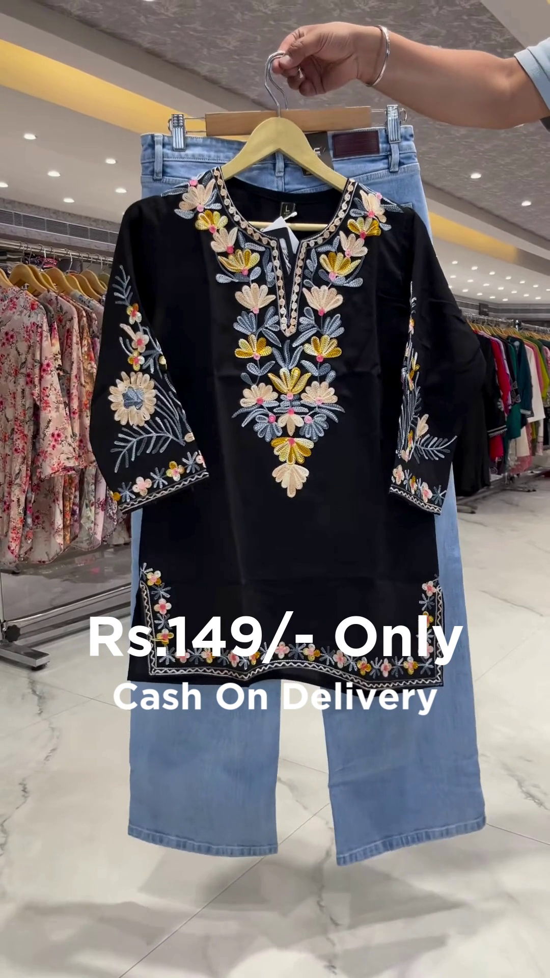 Stylish Black Embroidered Kurti with Denim Combo