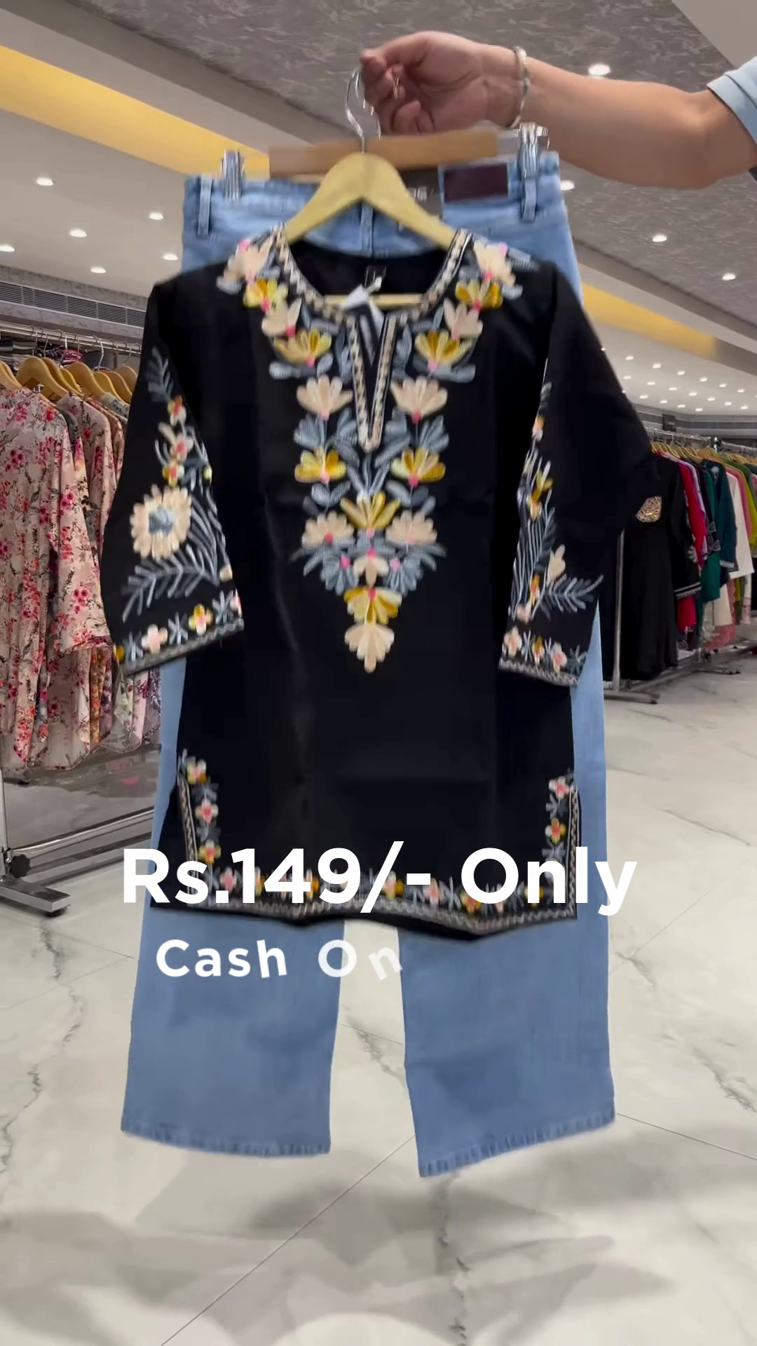 Stylish Black Embroidered Kurti with Denim Combo