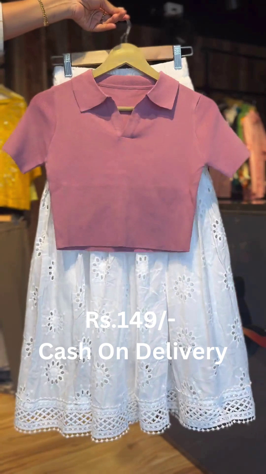 Trendy Pink Crop Top with White Lace Skirt