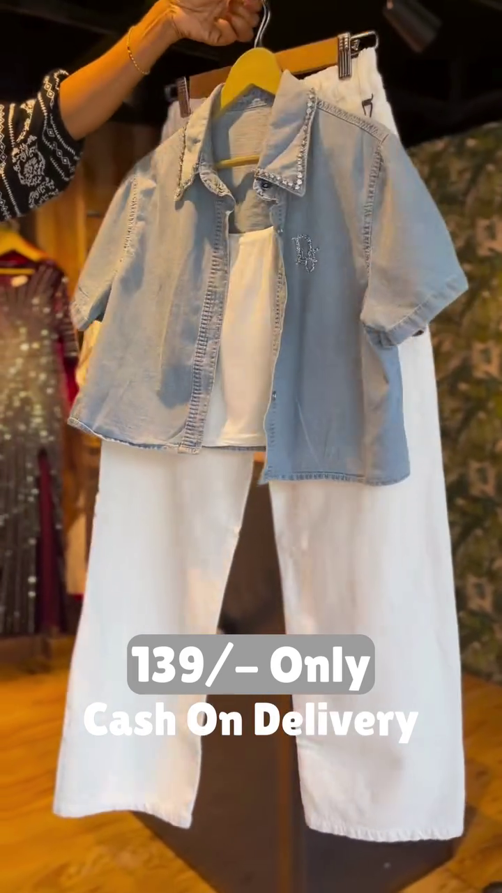 Stylish Denim Shirt with White Wide-Leg Pants Set