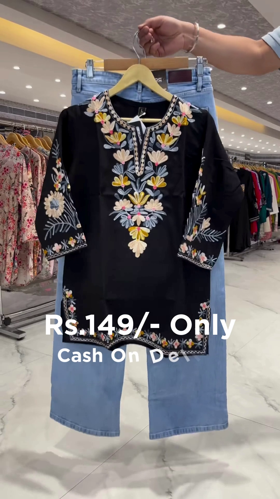 Black Embroidered Kurti with Denim