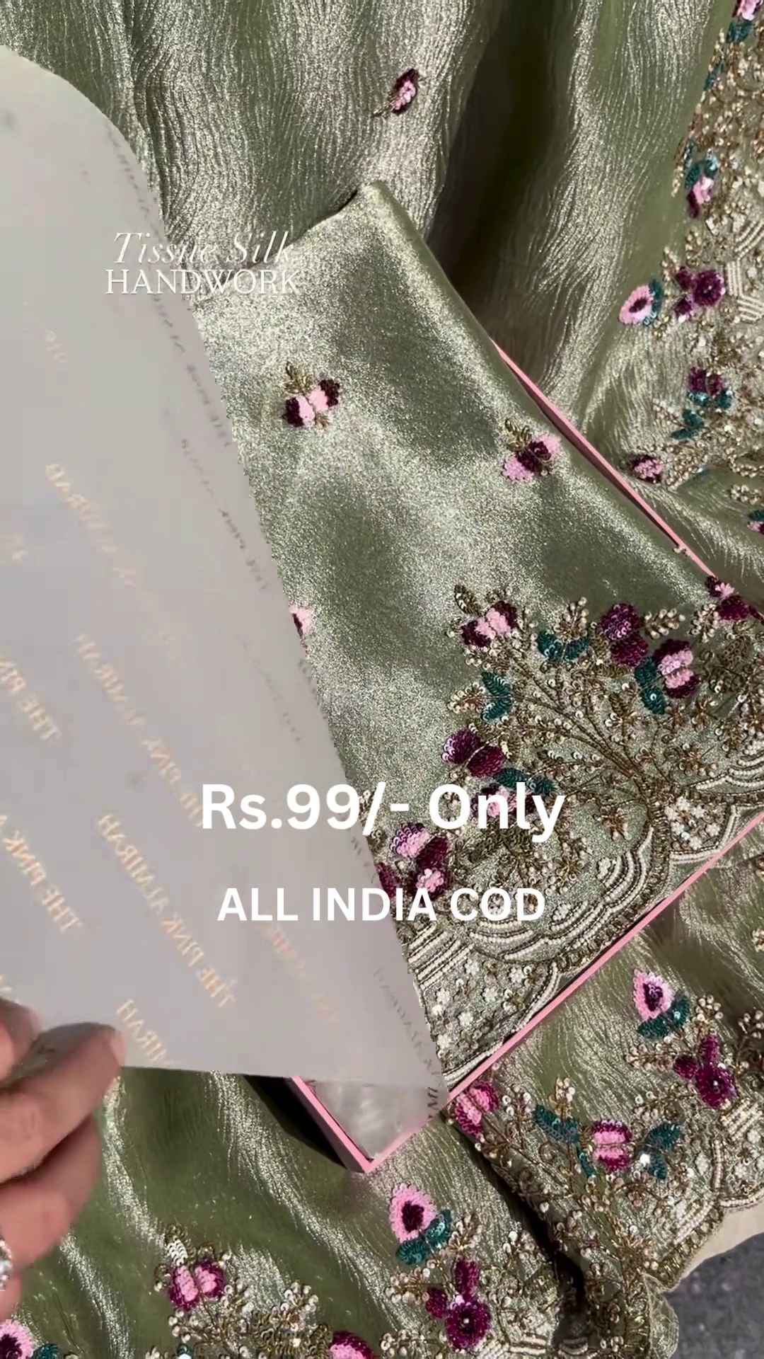 Elegant Green Tissue Silk Suit with Intricate Floral Handwork – Premium Festive Collection