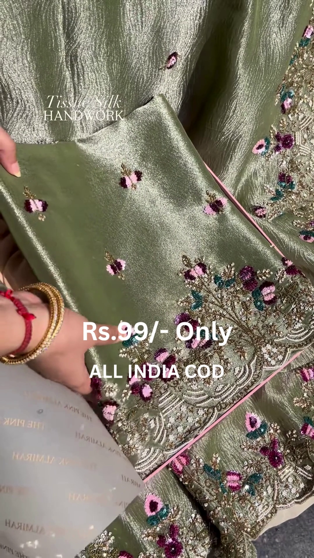 Elegant Green Tissue Silk Suit with Intricate Floral Handwork – Premium Festive Collection
