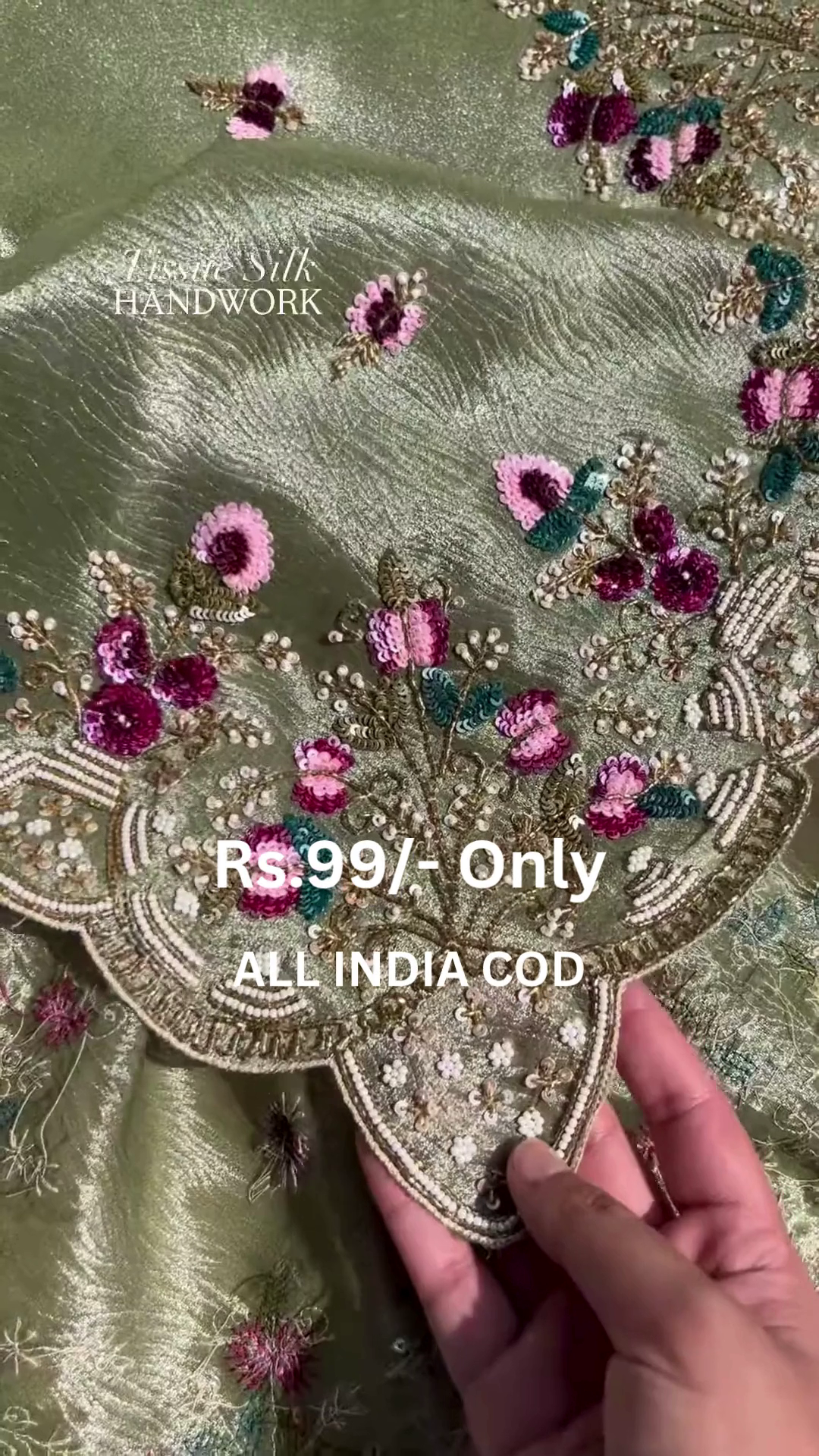 Elegant Green Tissue Silk Suit with Intricate Floral Handwork – Premium Festive Collection