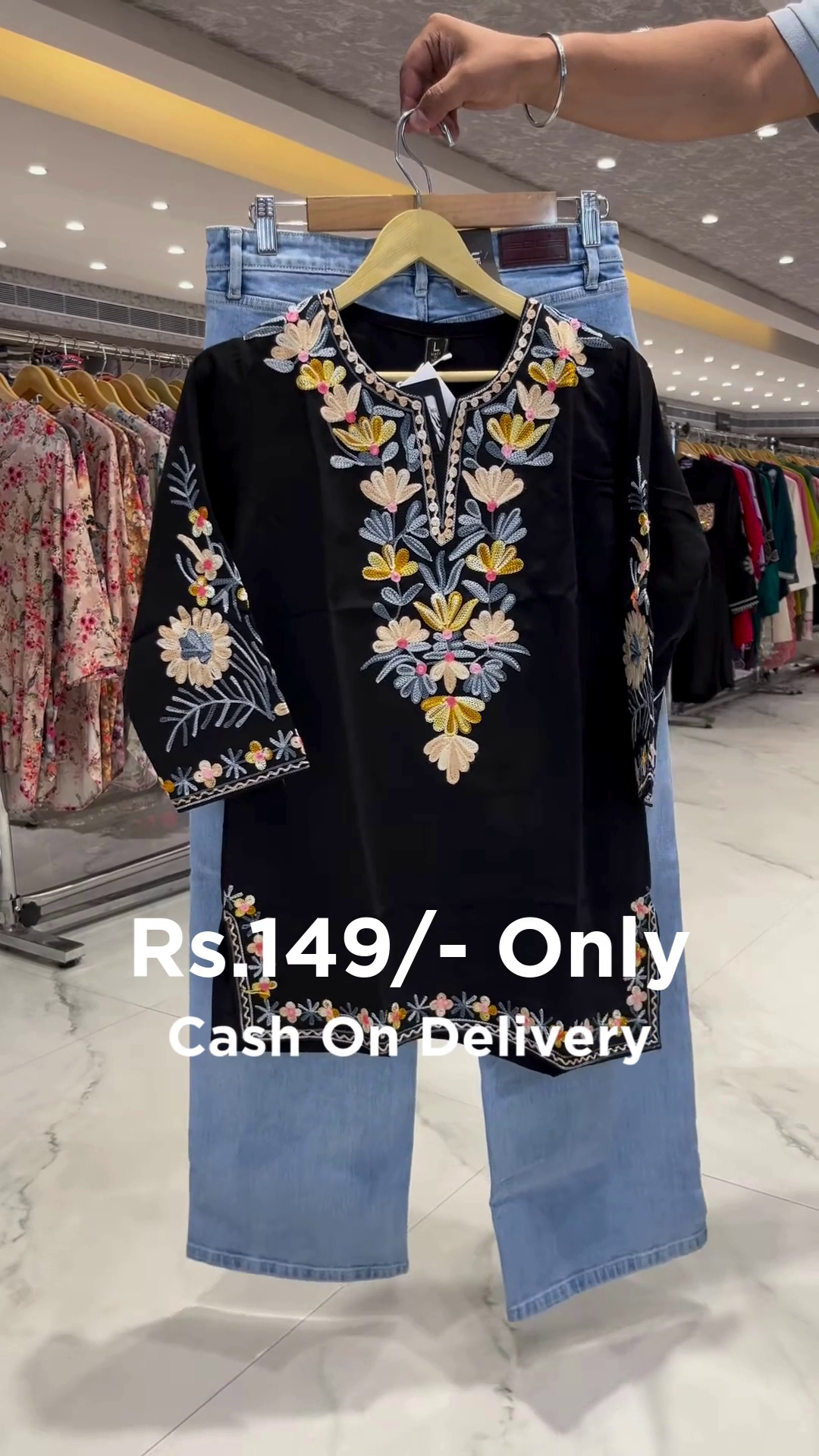 Trendy Black Embroidered Kurti with Denim – Perfect Indo-Western Fusion Look