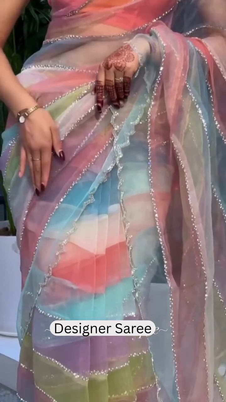 Pastel Rainbow Designer Saree with Delicate Shimmer Detailing – Elegant Party Wear