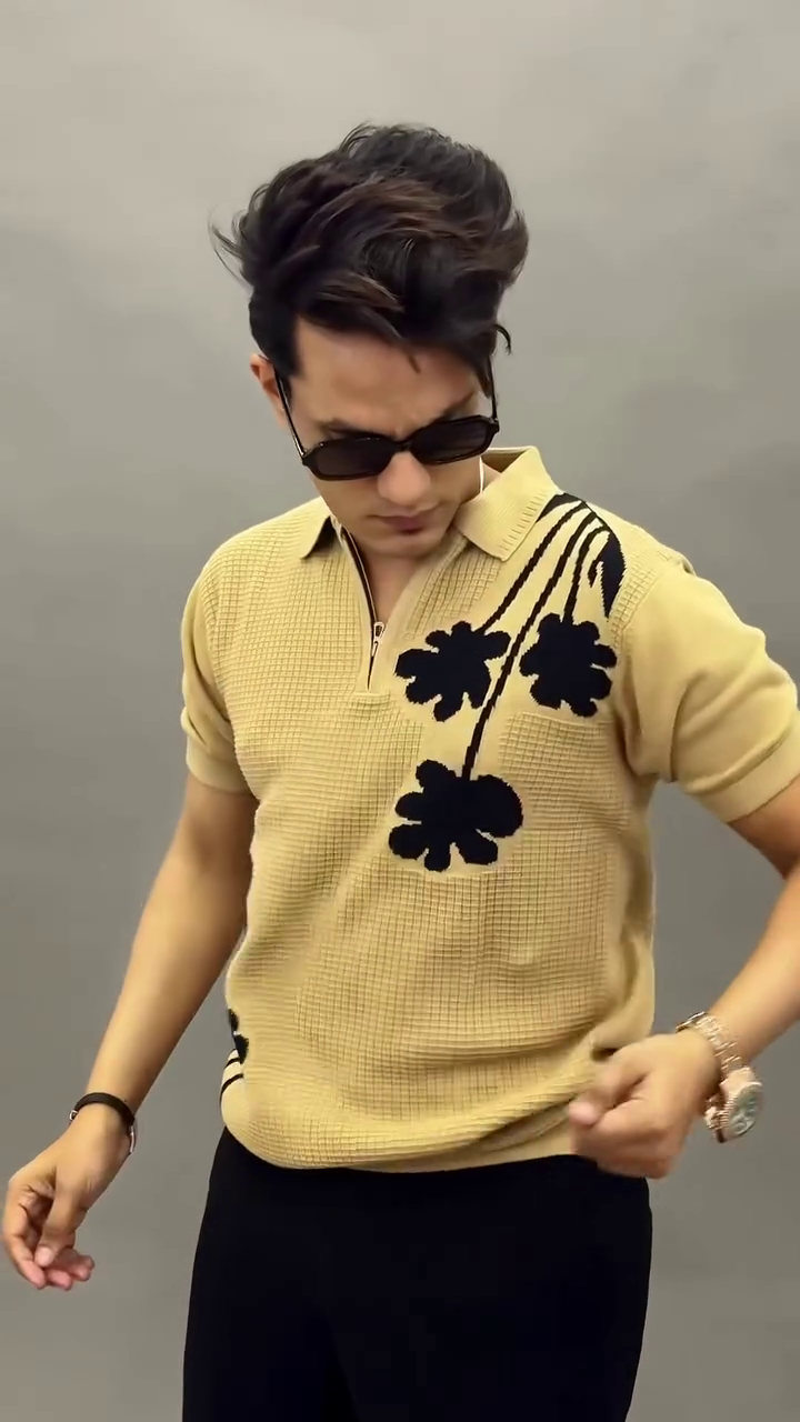 Luxury Beige Polo With Floral Statement Design