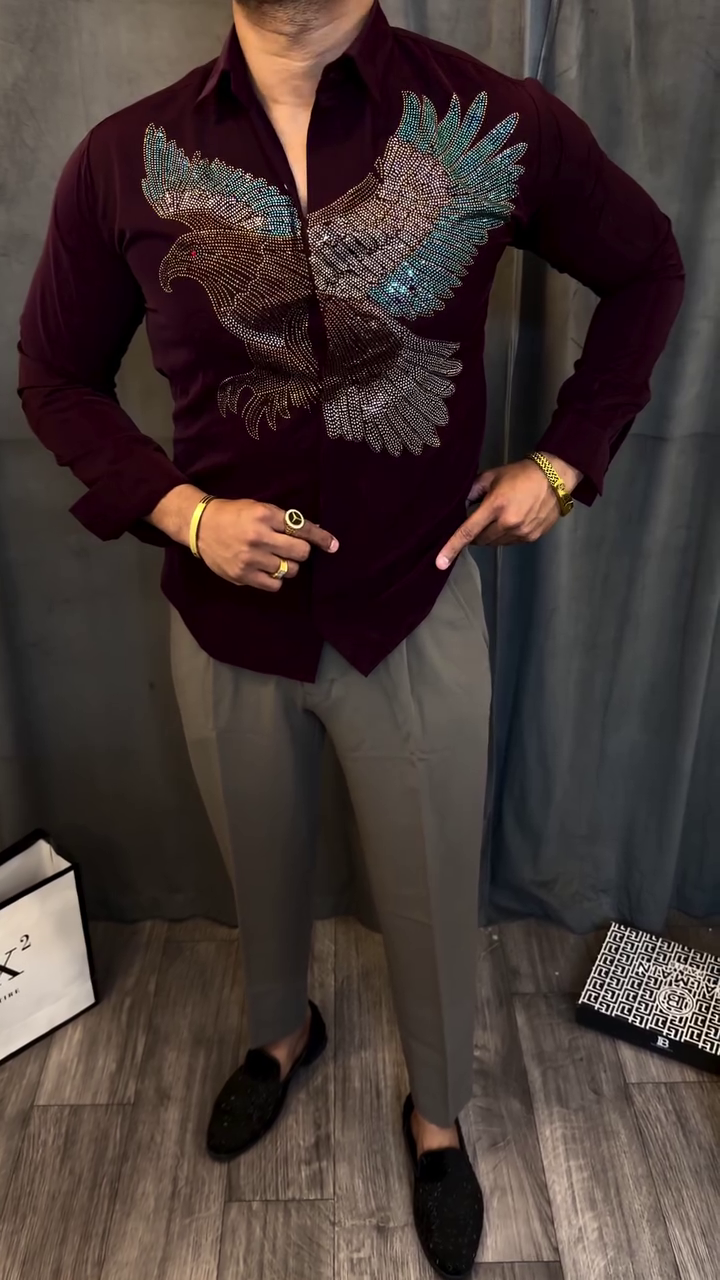 Bold Maroon Designer Shirt With Eagle Artwork