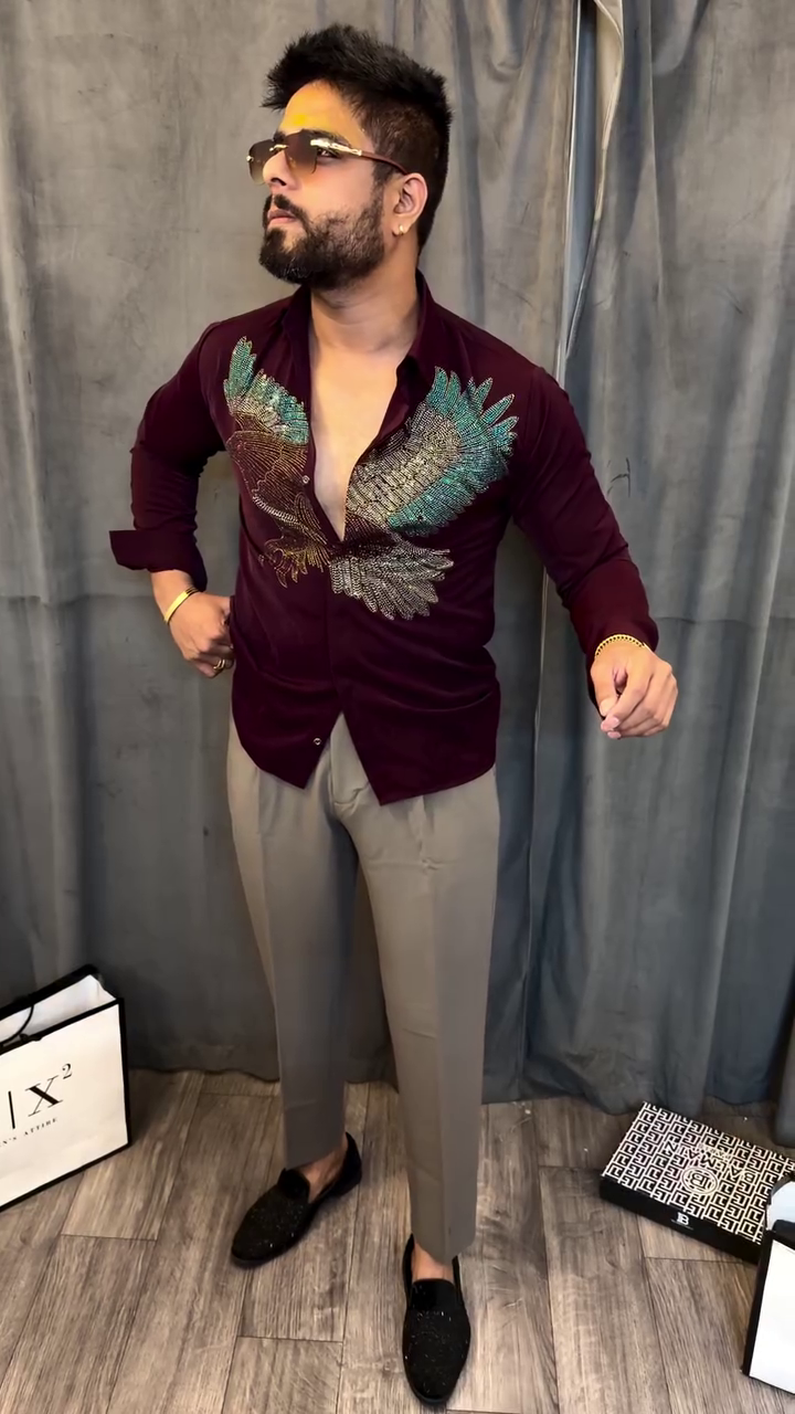 Bold Maroon Designer Shirt With Eagle Artwork