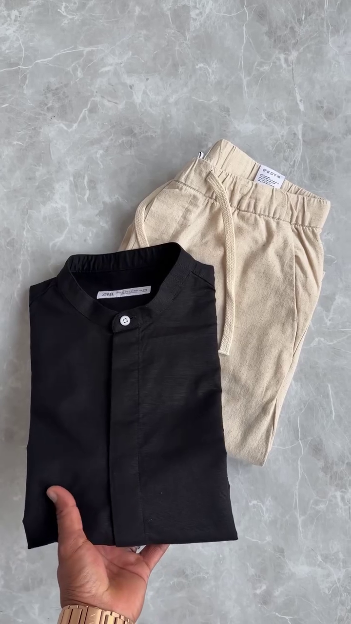 Minimal Beige Mandarin Shirt With Black Trouser