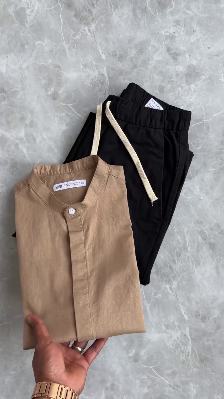 Minimal Beige Mandarin Shirt With Black Trouser