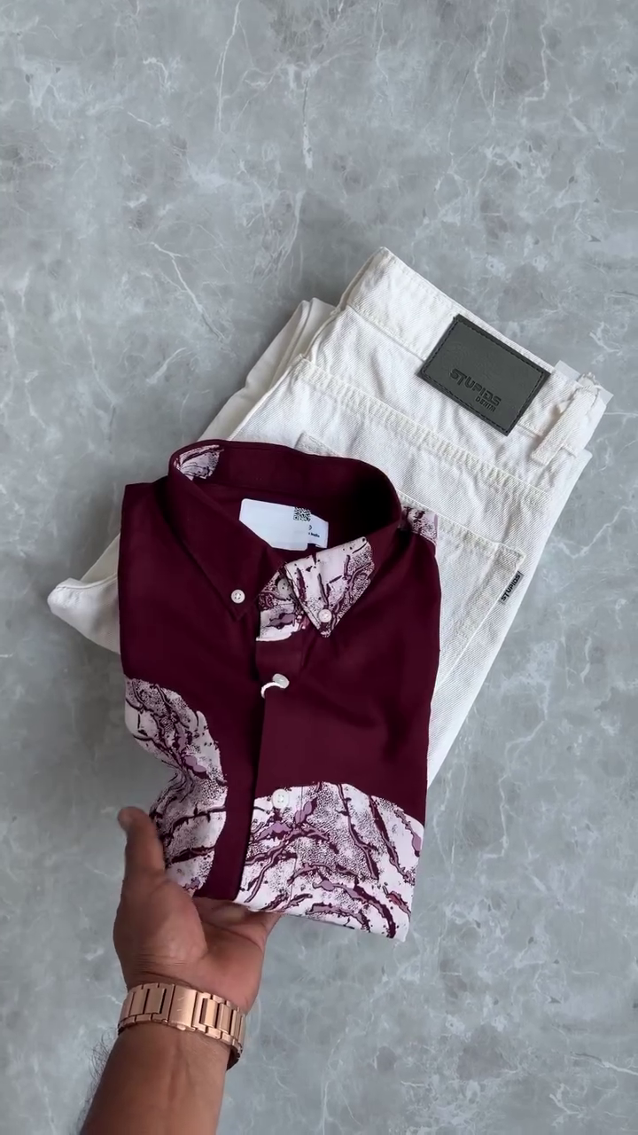 Stylish Printed Shirt With Vintage Denim Combo