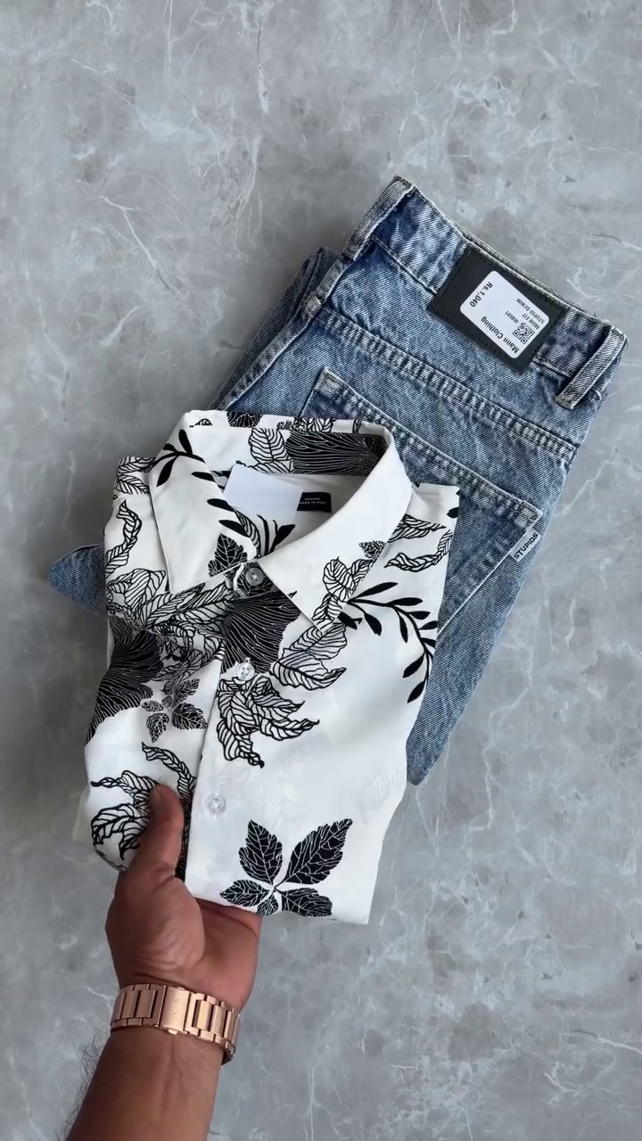 Stylish Printed Shirt With Vintage Denim Combo